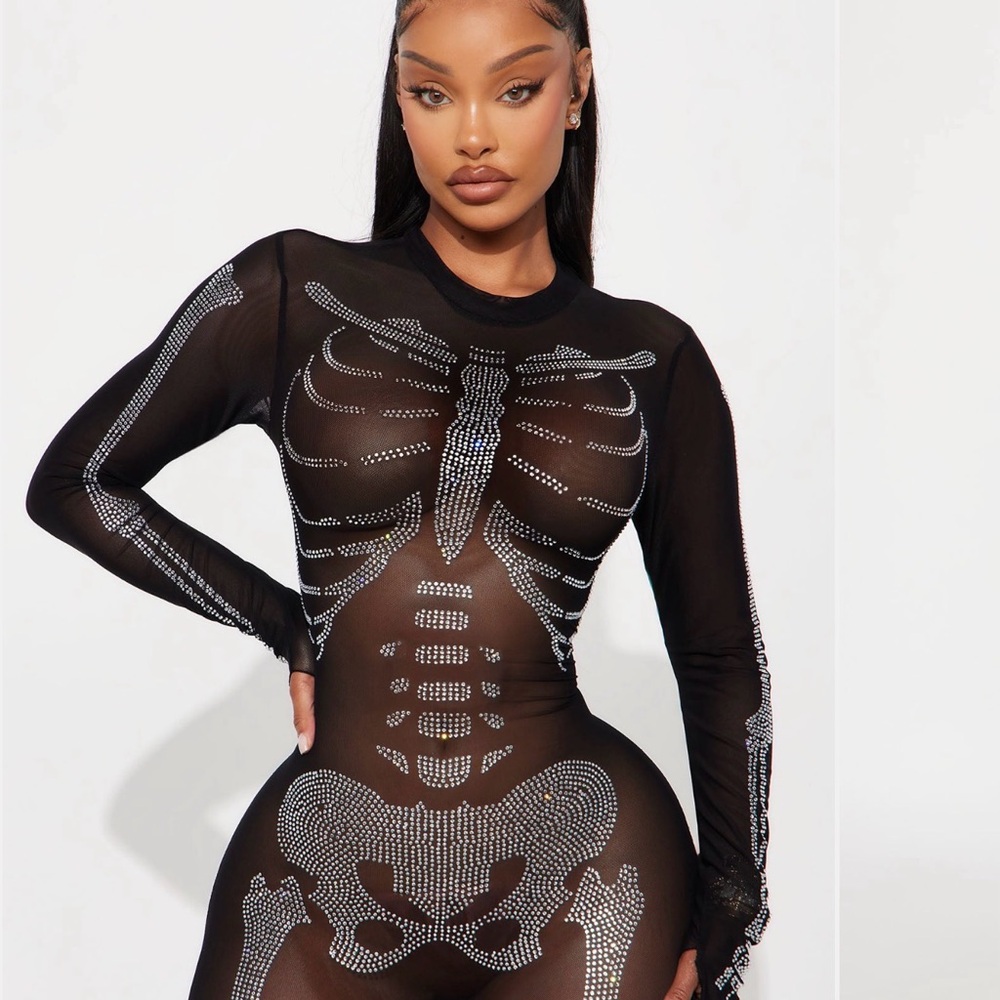 Fashion Nova Black Rhinestone Sheer Jumpsuit - Picture 2 of 4